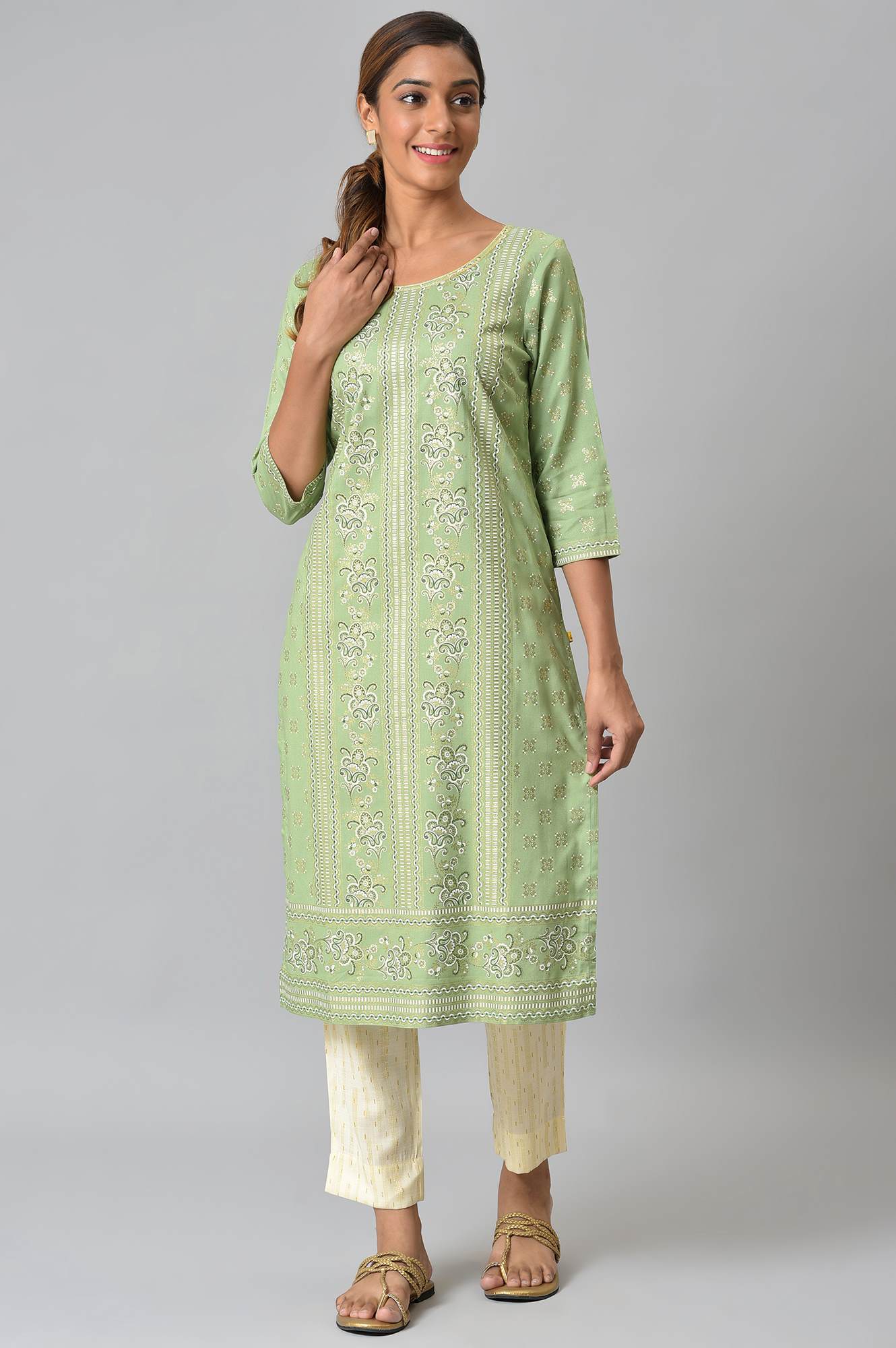 Green Floral Printed Sequined Ethnic LIVA kurta