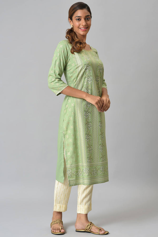 Green Floral Printed Sequined Liva Kurta