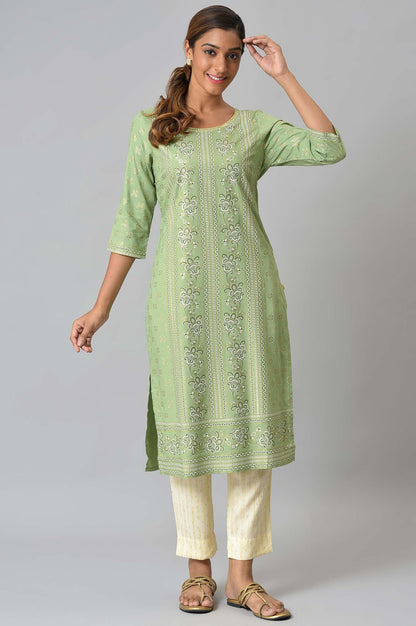 Green Floral Printed Sequined Ethnic LIVA kurta