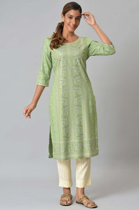 Green Floral Printed Sequined Ethnic Liva Kurta