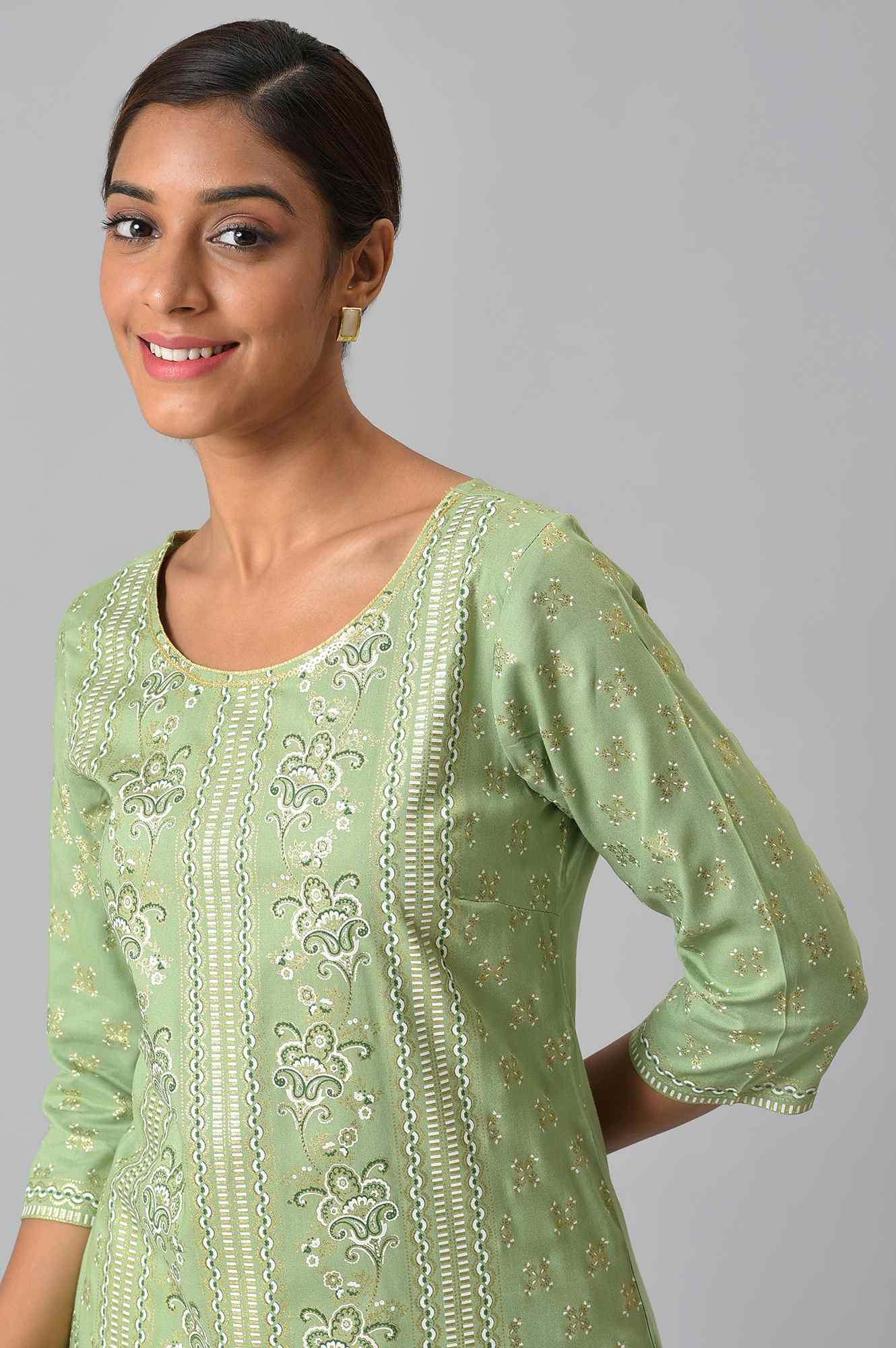 Green Floral Printed Sequined Ethnic LIVA kurta