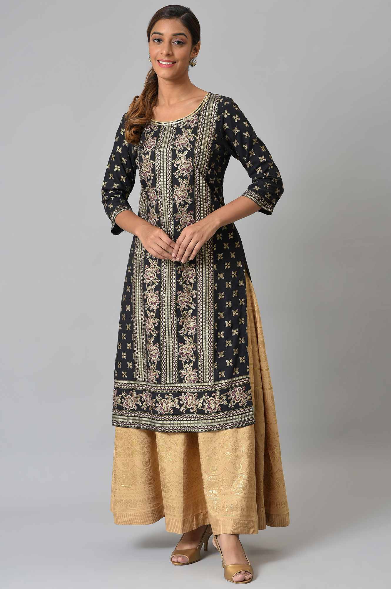 Black Floral Printed Sequined Ethnic LIVA kurta