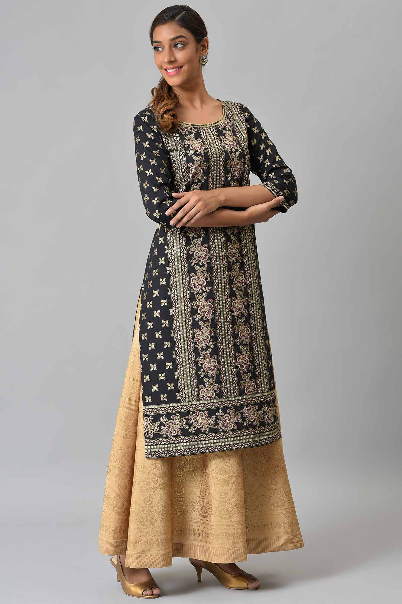 Black Floral Printed Sequined Ethnic LIVA kurta