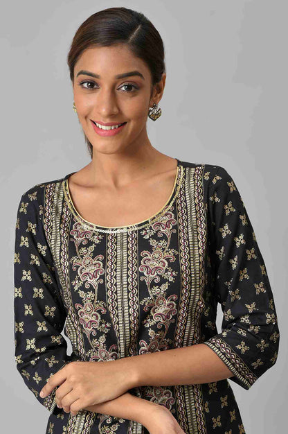 Black Floral Printed Sequined Ethnic LIVA kurta