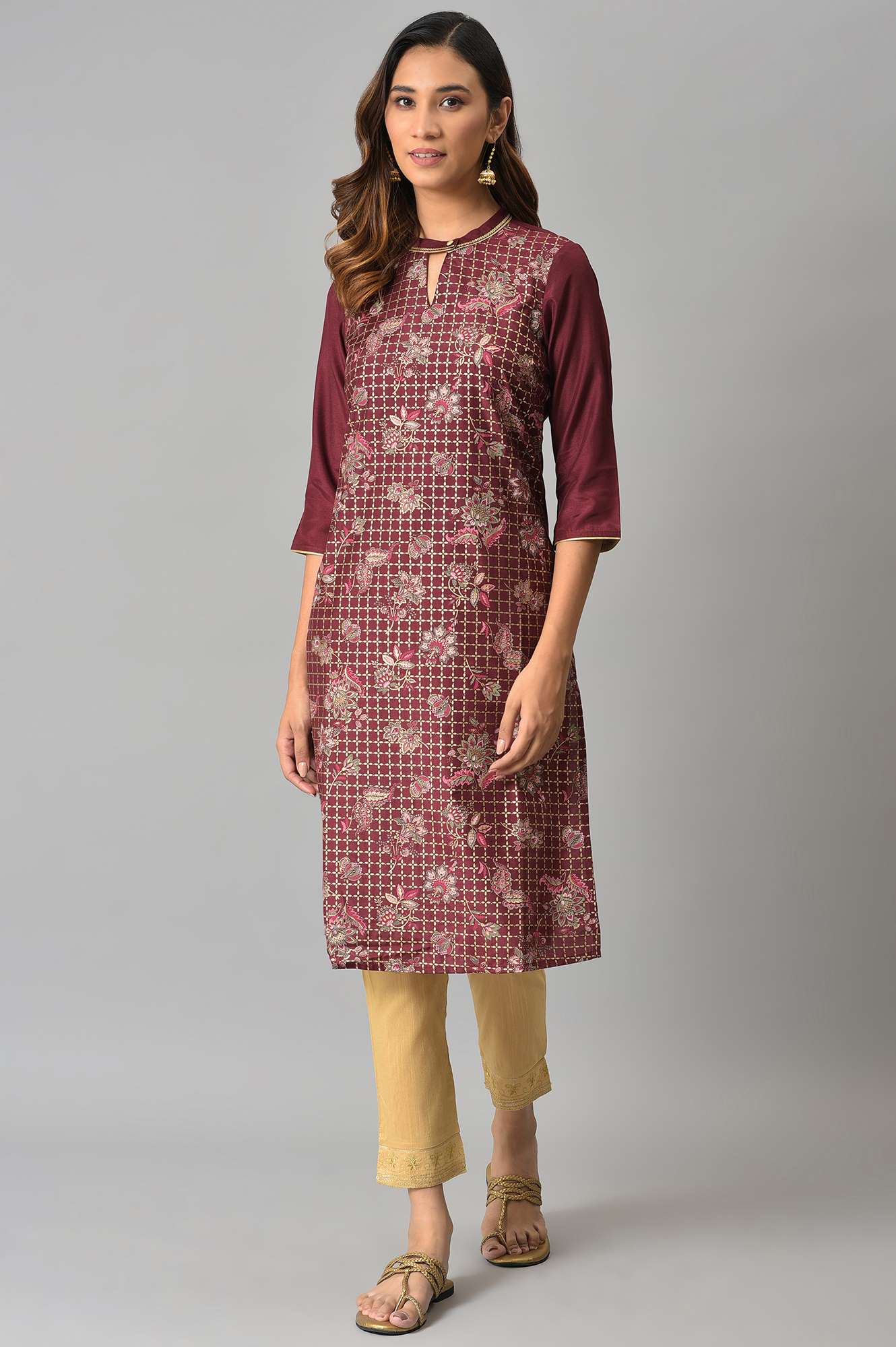 Brown Floral Printed Sequined Ethnic Kurta