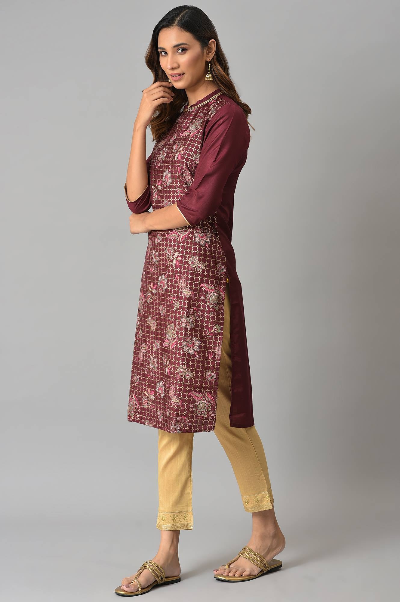 Brown Floral Printed Sequined Ethnic Kurta