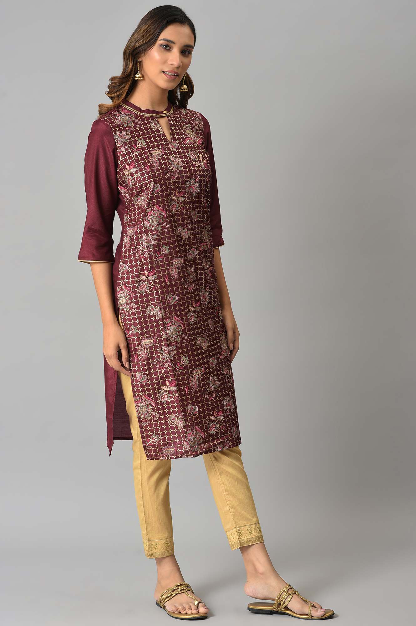 Brown Floral Printed Sequined Ethnic Kurta