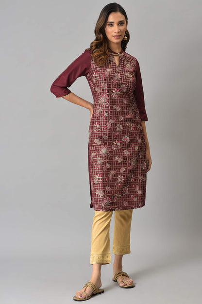 Brown Floral Printed Sequined Ethnic Kurta