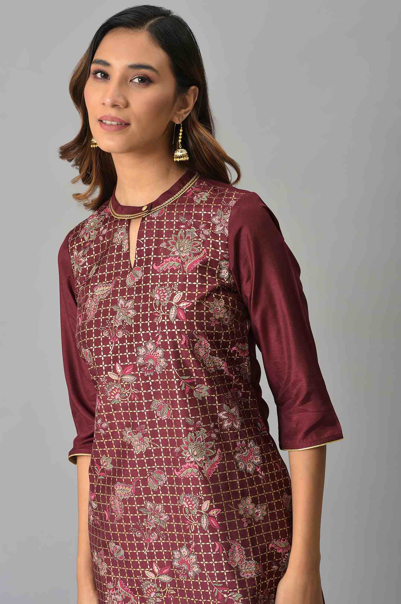 Brown Floral Printed Sequined Ethnic Kurta