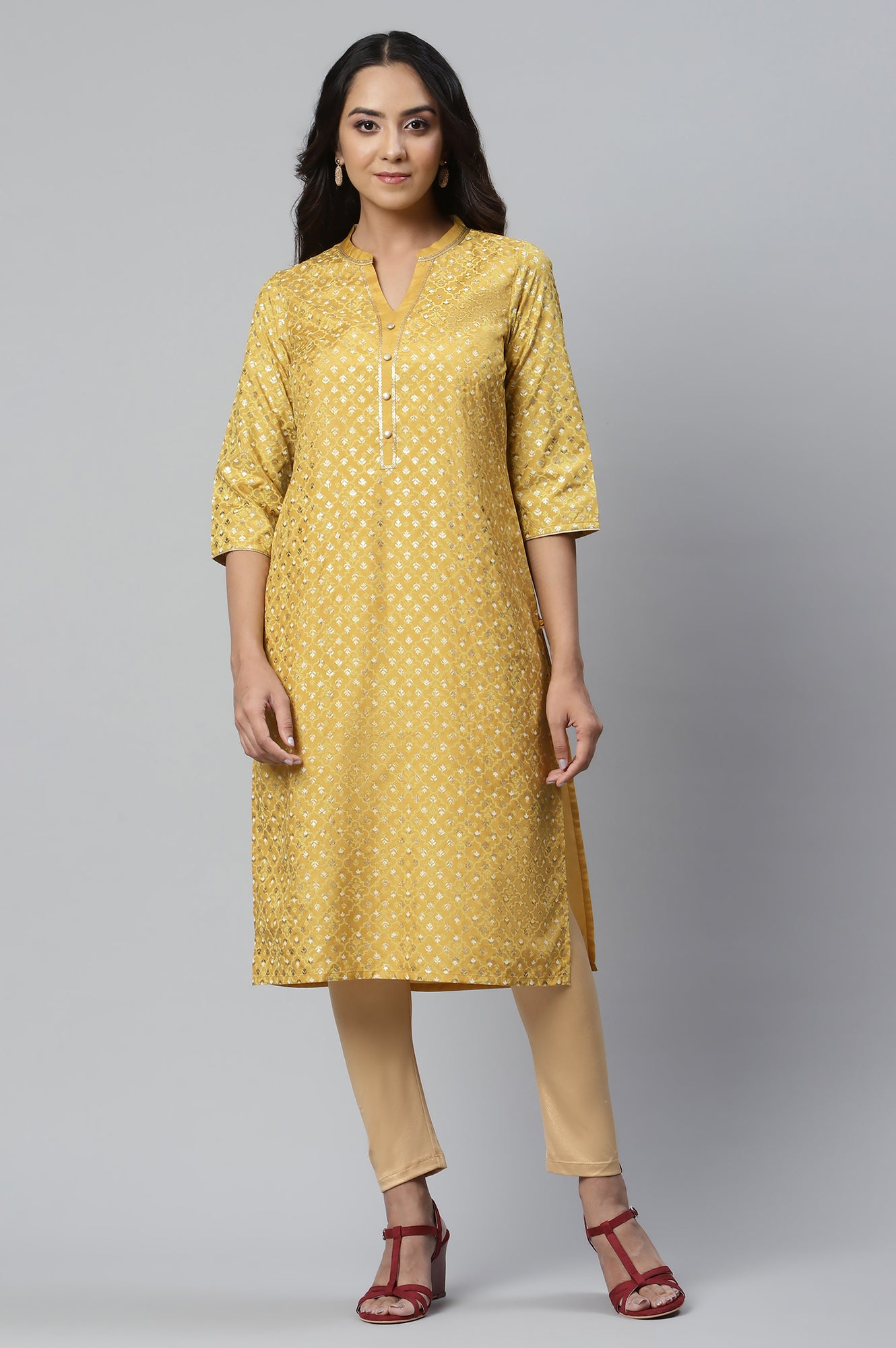 Yellow Foil Printed Straight kurta