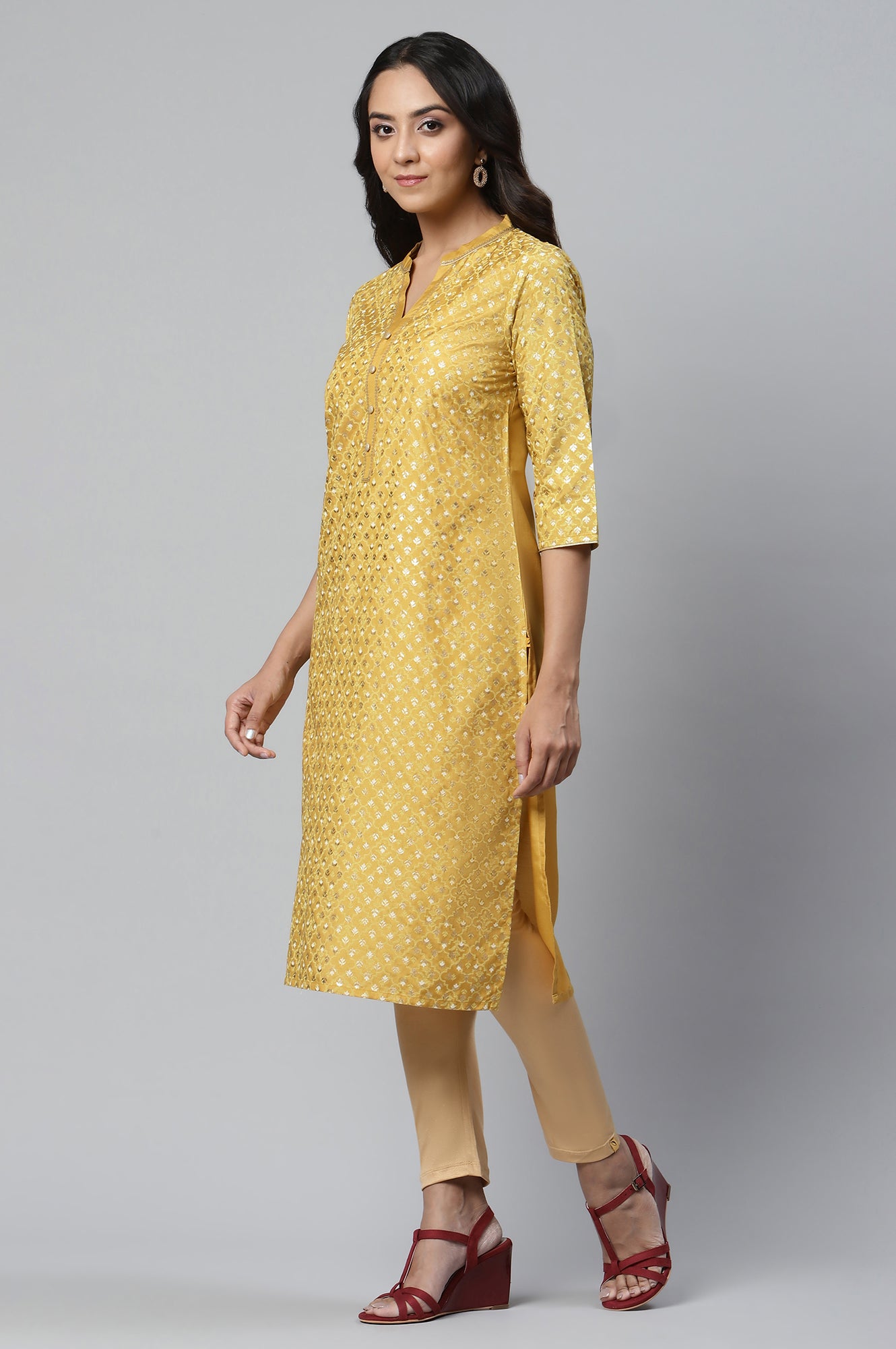 Yellow Foil Printed Straight kurta