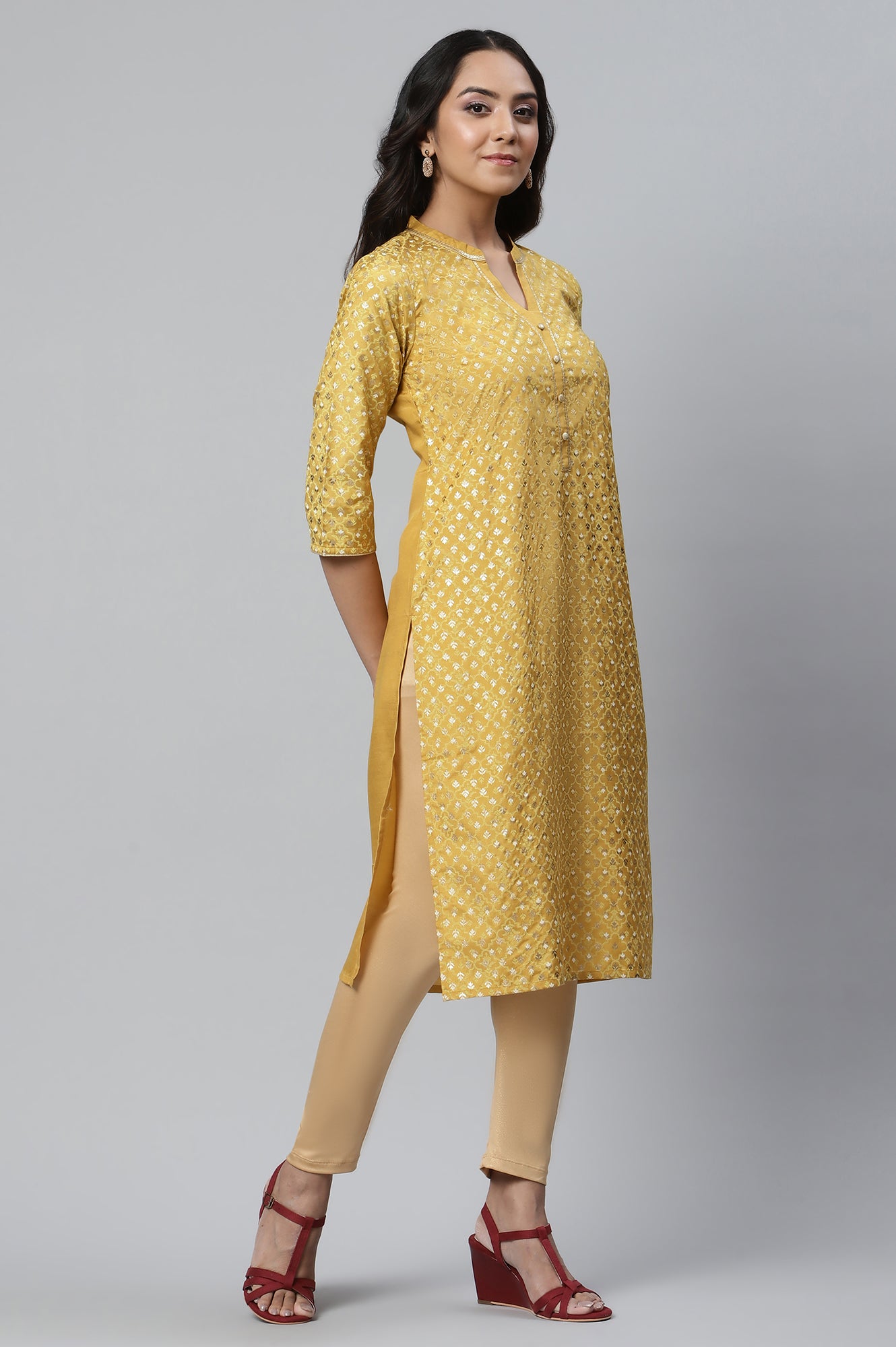 Yellow Foil Printed Straight kurta