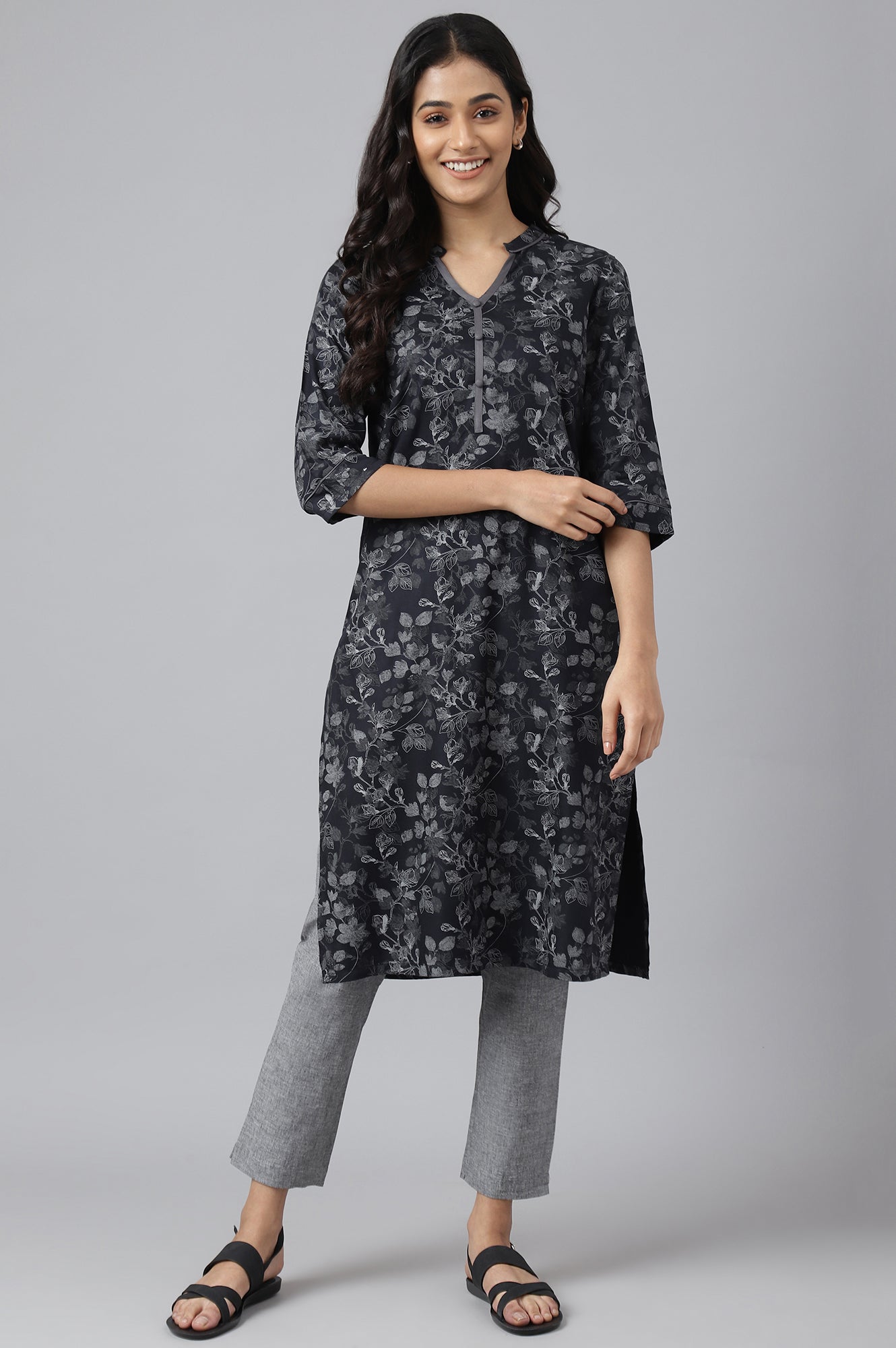 Grey Floral Print Ethnic kurta