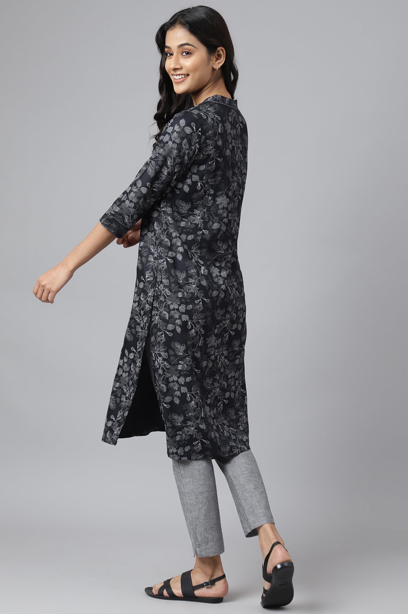 Grey Floral Print Ethnic kurta