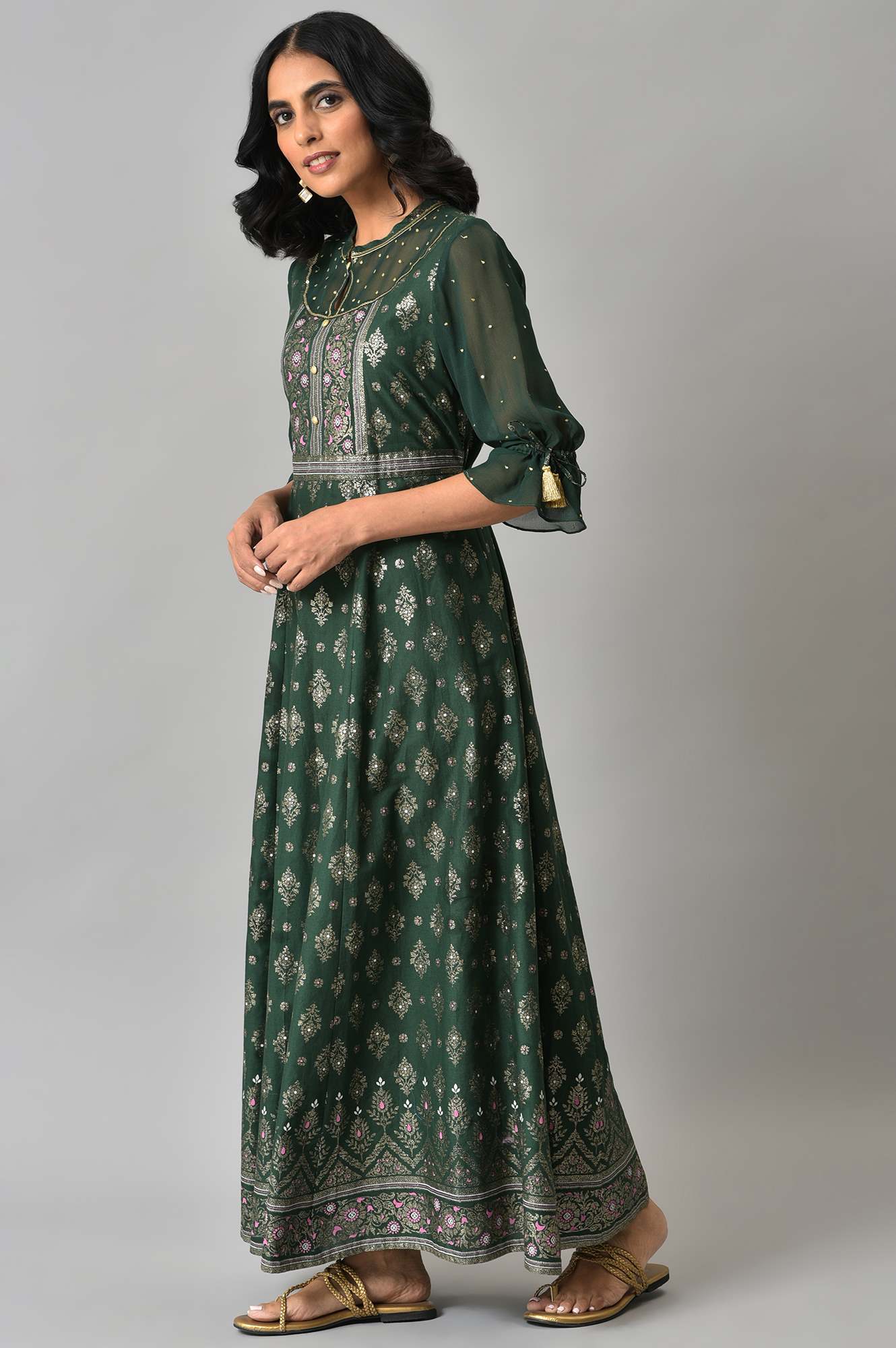 Green Festive Dress with Six Panel Flare