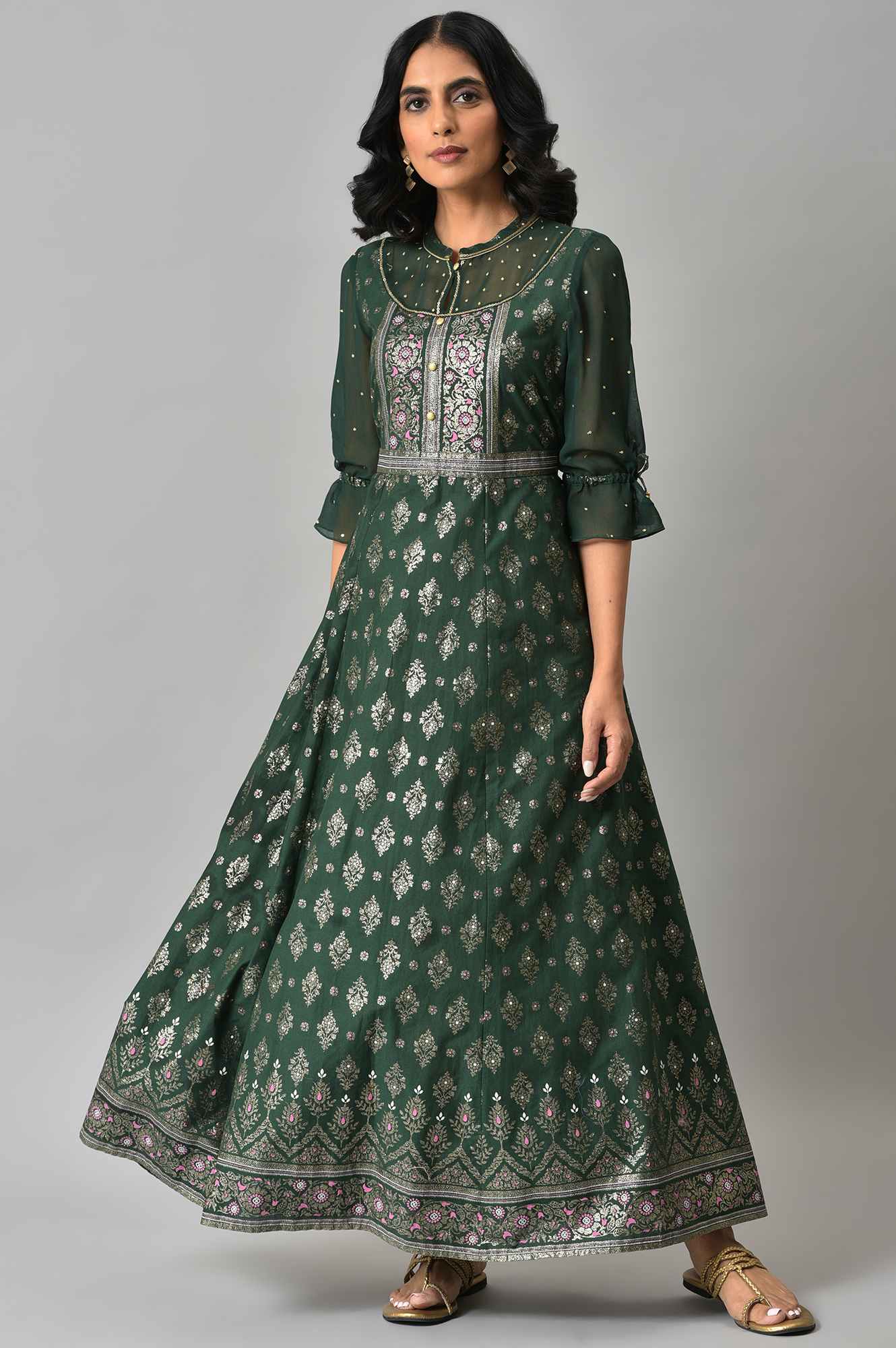 Green Festive Dress with Six Panel Flare