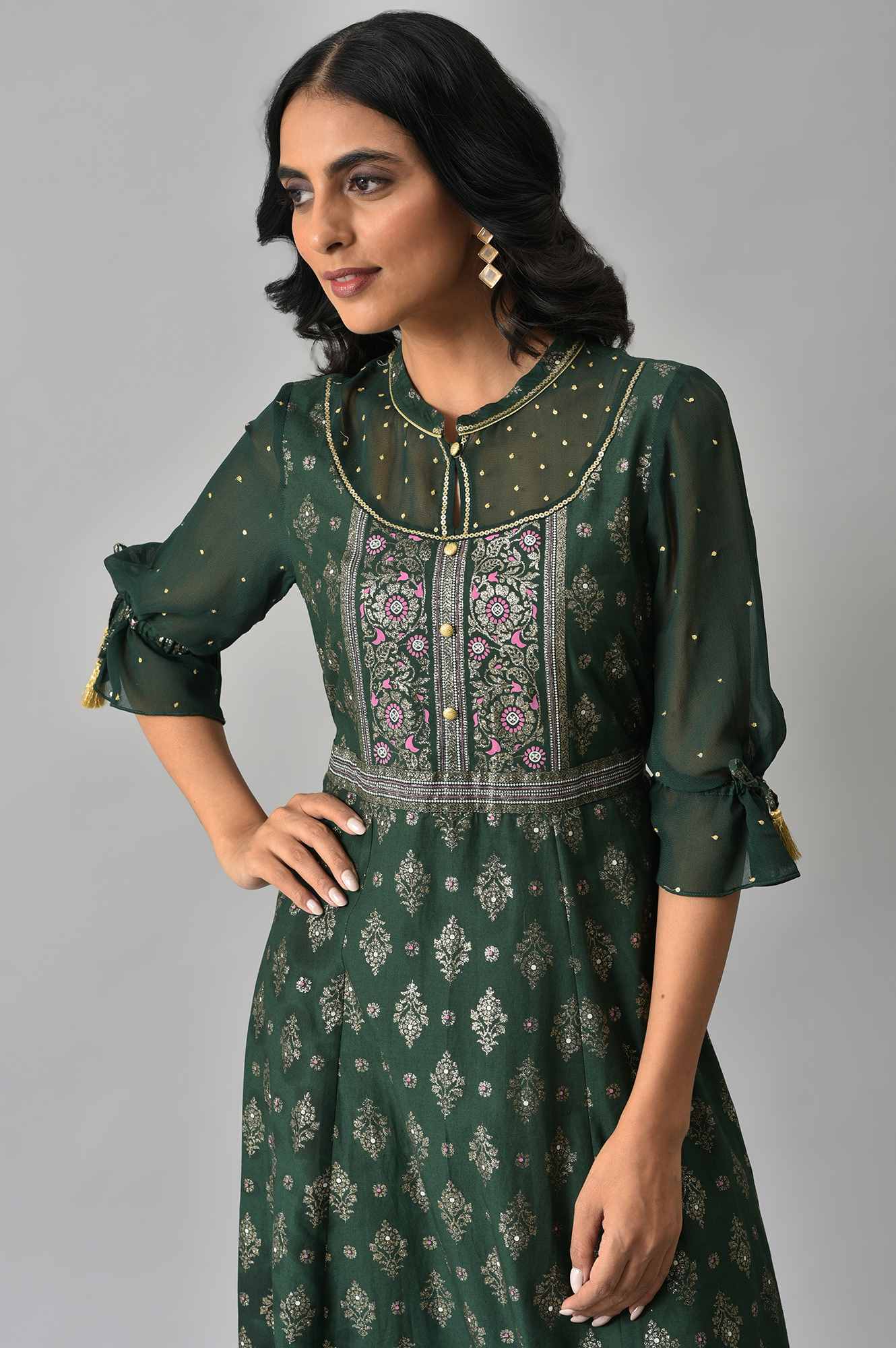 Green Festive Dress with Six Panel Flare