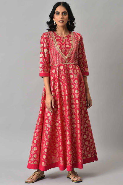 Pink Heavy Festive Flared Dress with Mock Embroidered Jacket