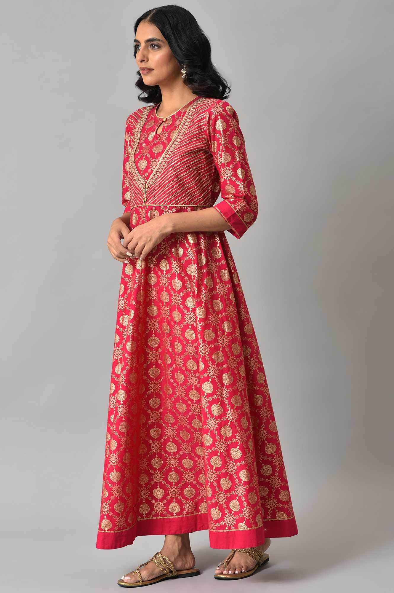 Pink Heavy Festive Flared Dress with Mock Embroidered Jacket