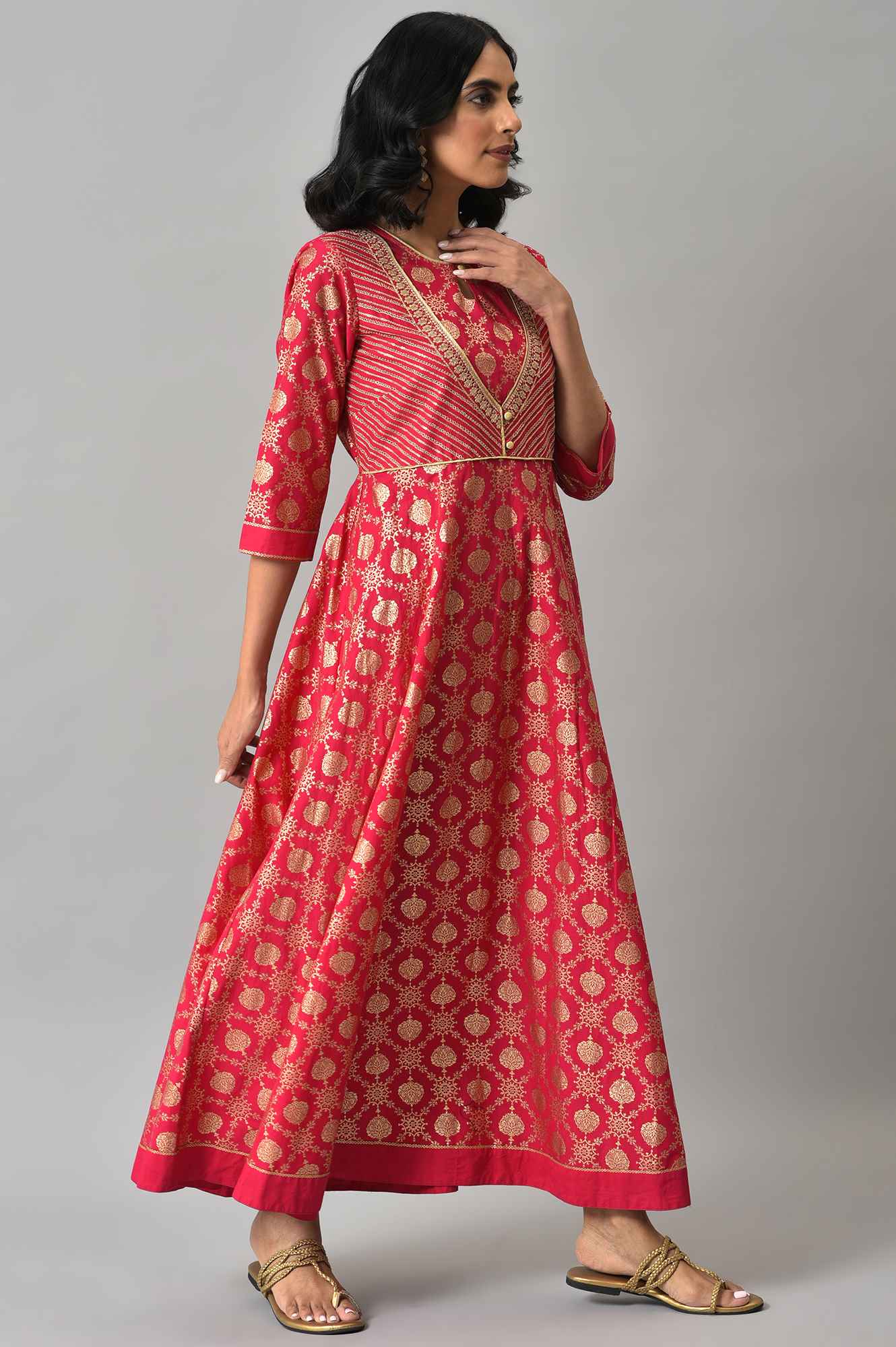 Pink Heavy Festive Flared Dress with Mock Embroidered Jacket