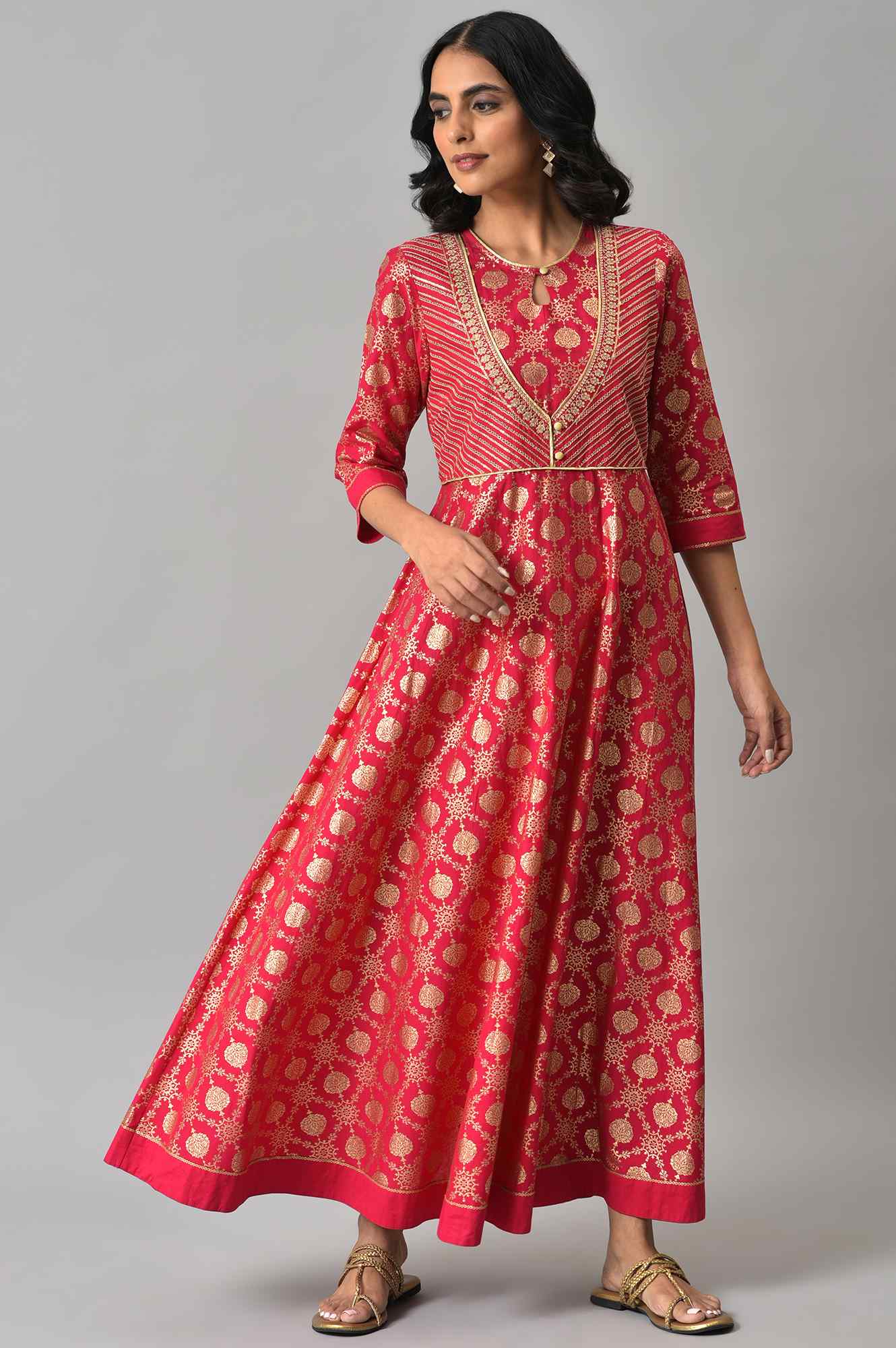 Pink Heavy Festive Flared Dress with Mock Embroidered Jacket