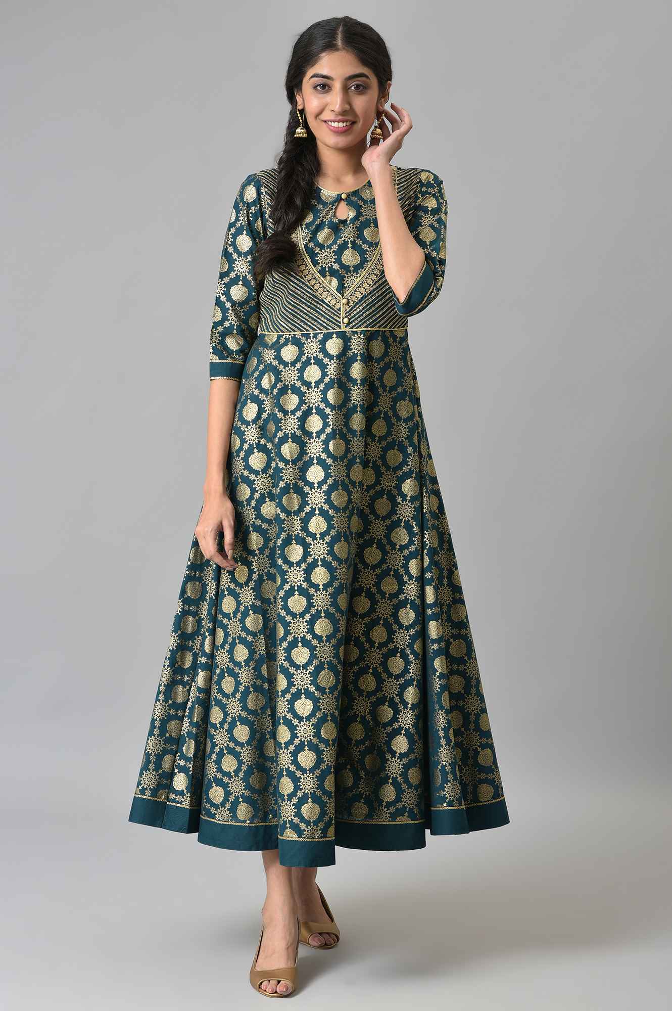 Green Heavy Festive Flared Dress with Mock Embroidered Jacket