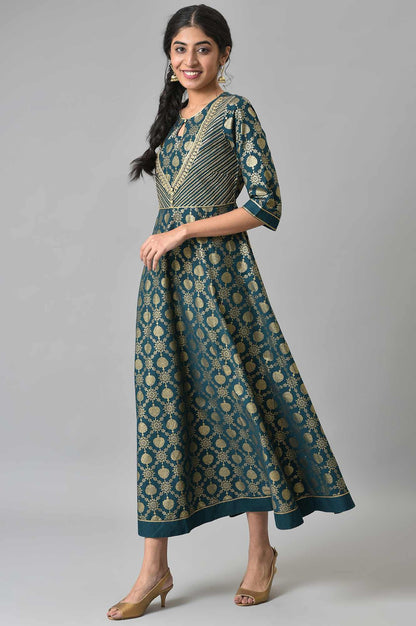 Green Heavy Festive Flared Dress with Mock Embroidered Jacket