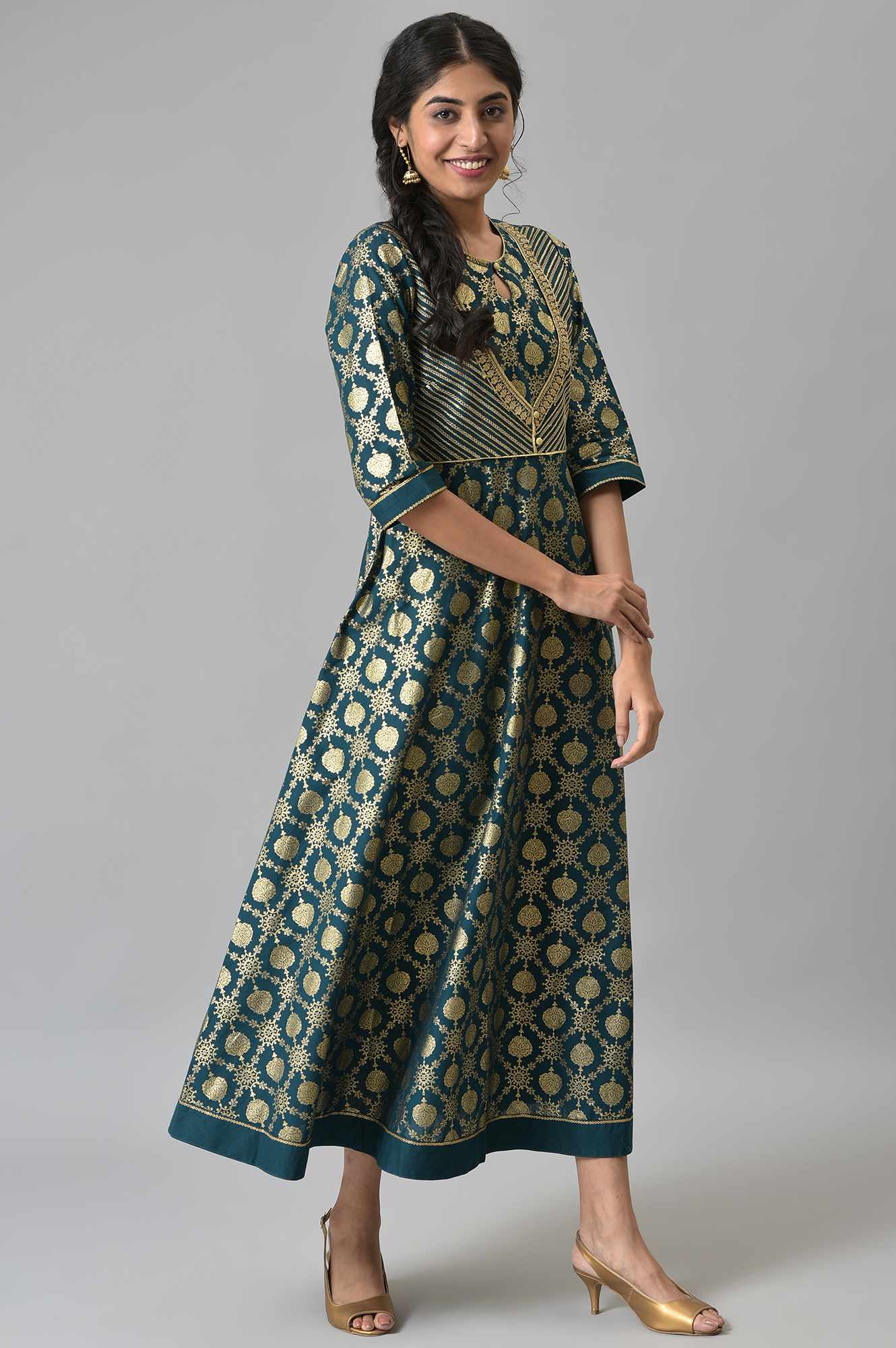 Green Heavy Festive Flared Dress with Mock Embroidered Jacket