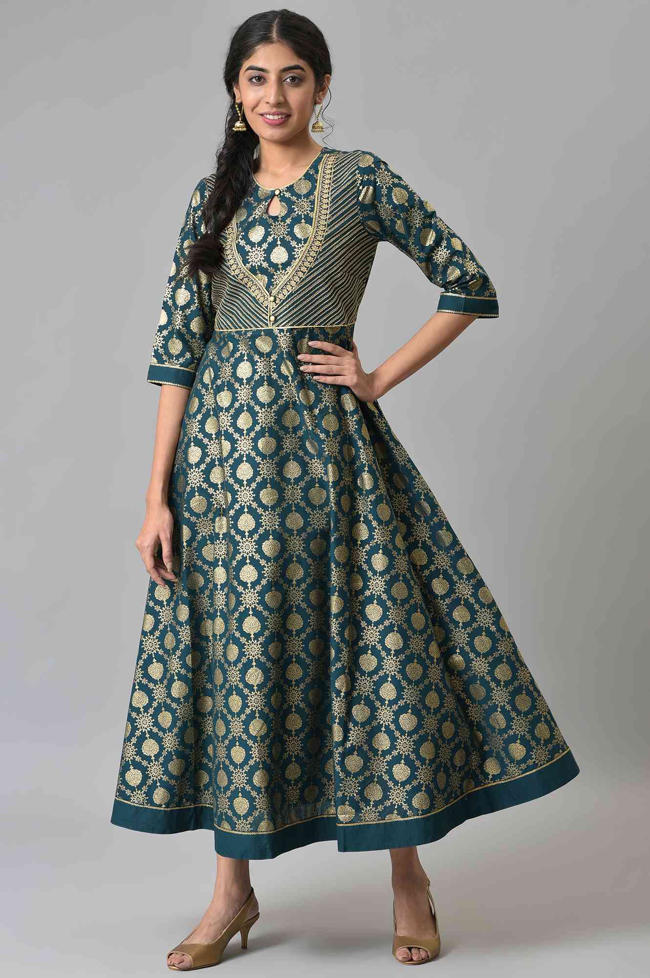 Green Heavy Festive Flared Dress with Mock Embroidered Jacket