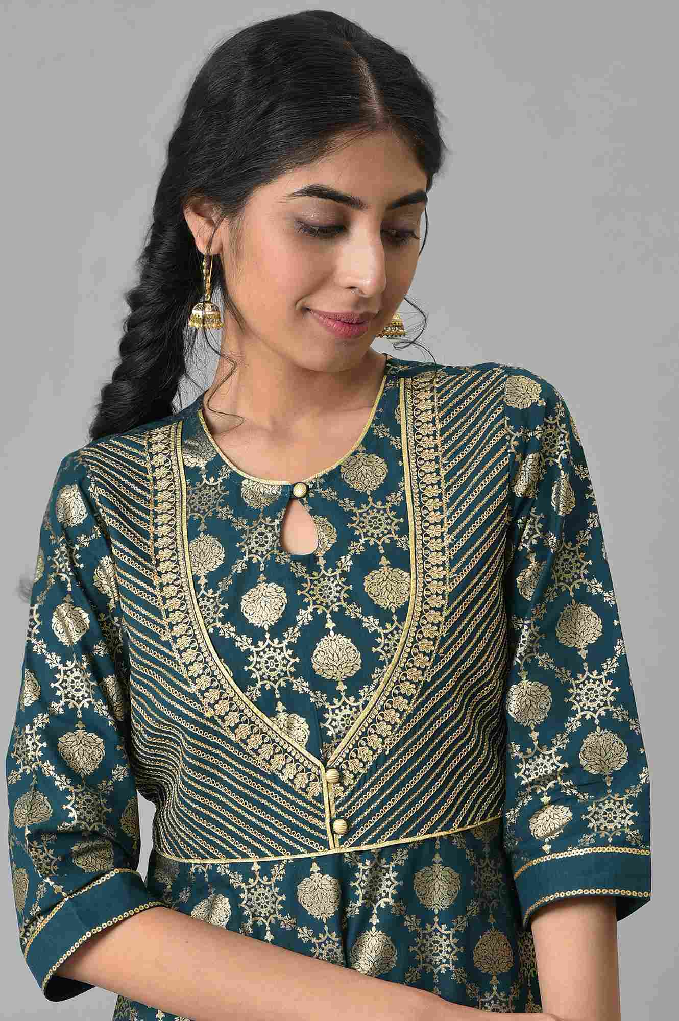 Green Heavy Festive Flared Dress with Mock Embroidered Jacket