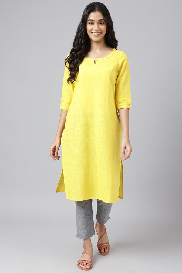 Yellow Rayon Kurta With Lace Detail