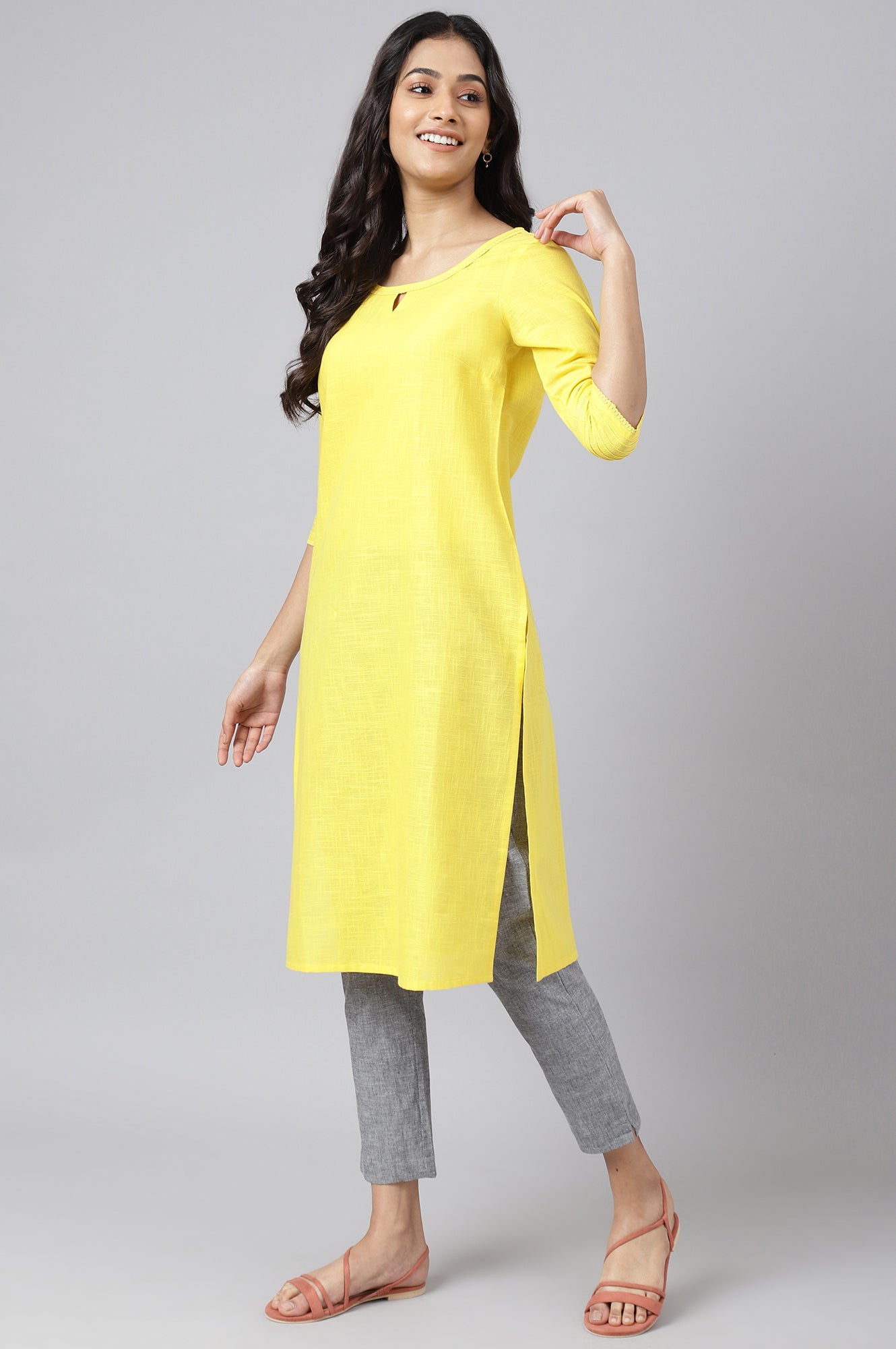 Yellow Rayon kurta with Lace Detail