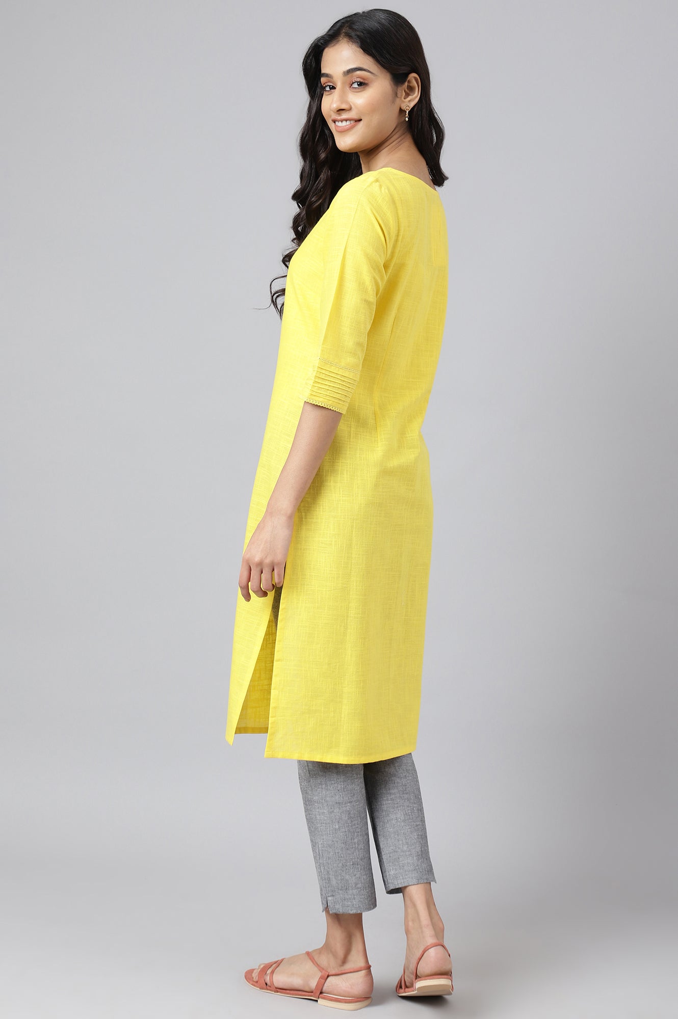 Yellow Rayon kurta with Lace Detail