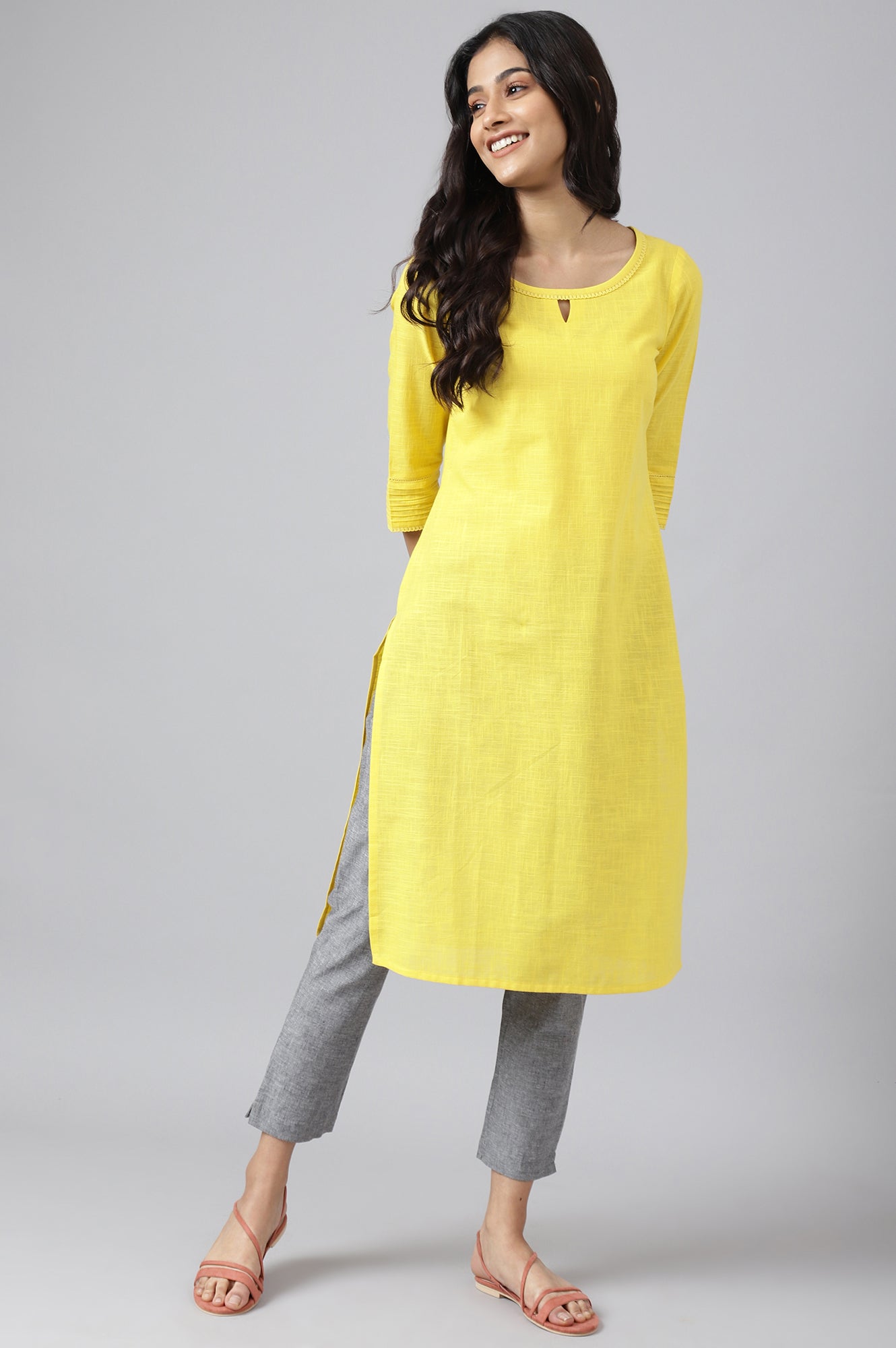 Yellow Rayon kurta with Lace Detail