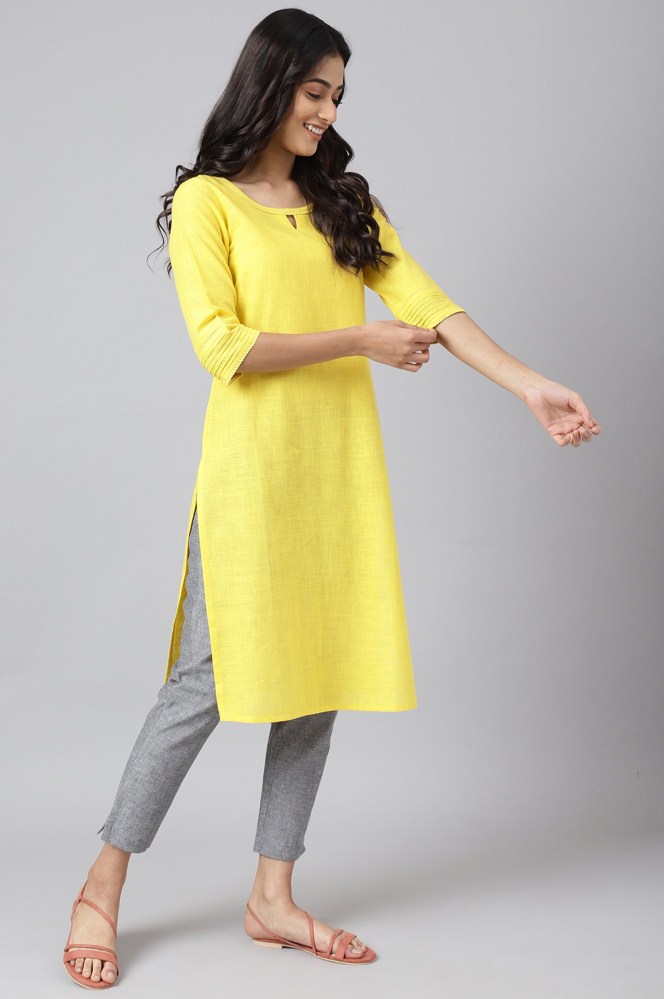 Yellow Rayon kurta with Lace Detail