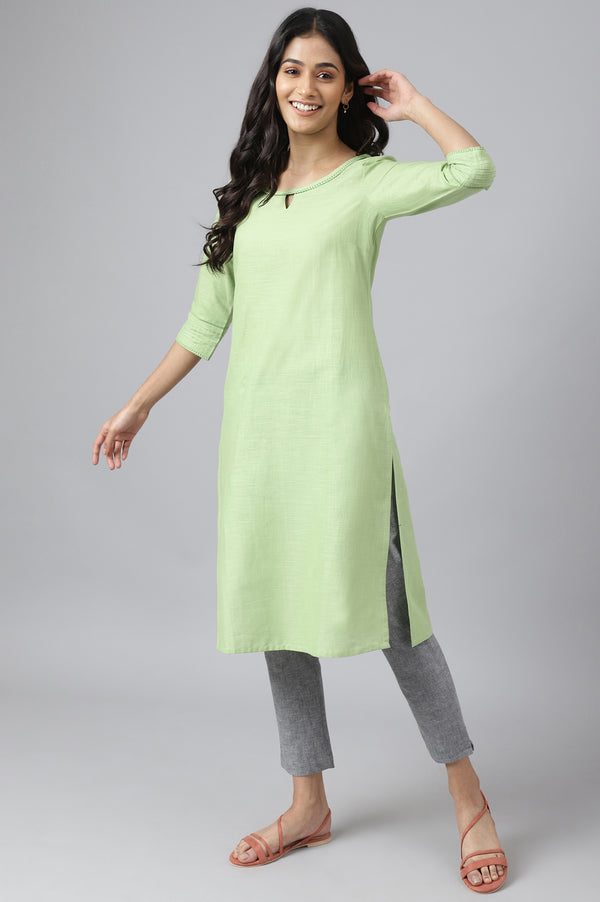 Green Rayon Kurta With Lace Detail