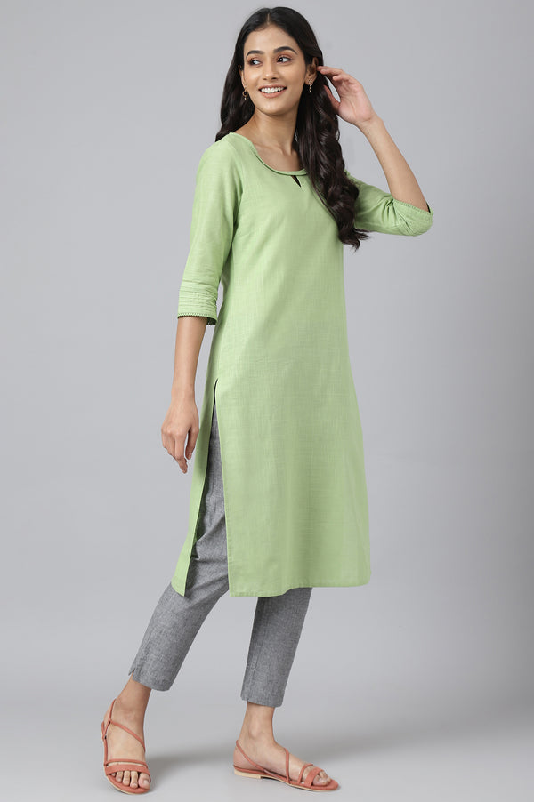 Green Rayon Kurta With Lace Detail
