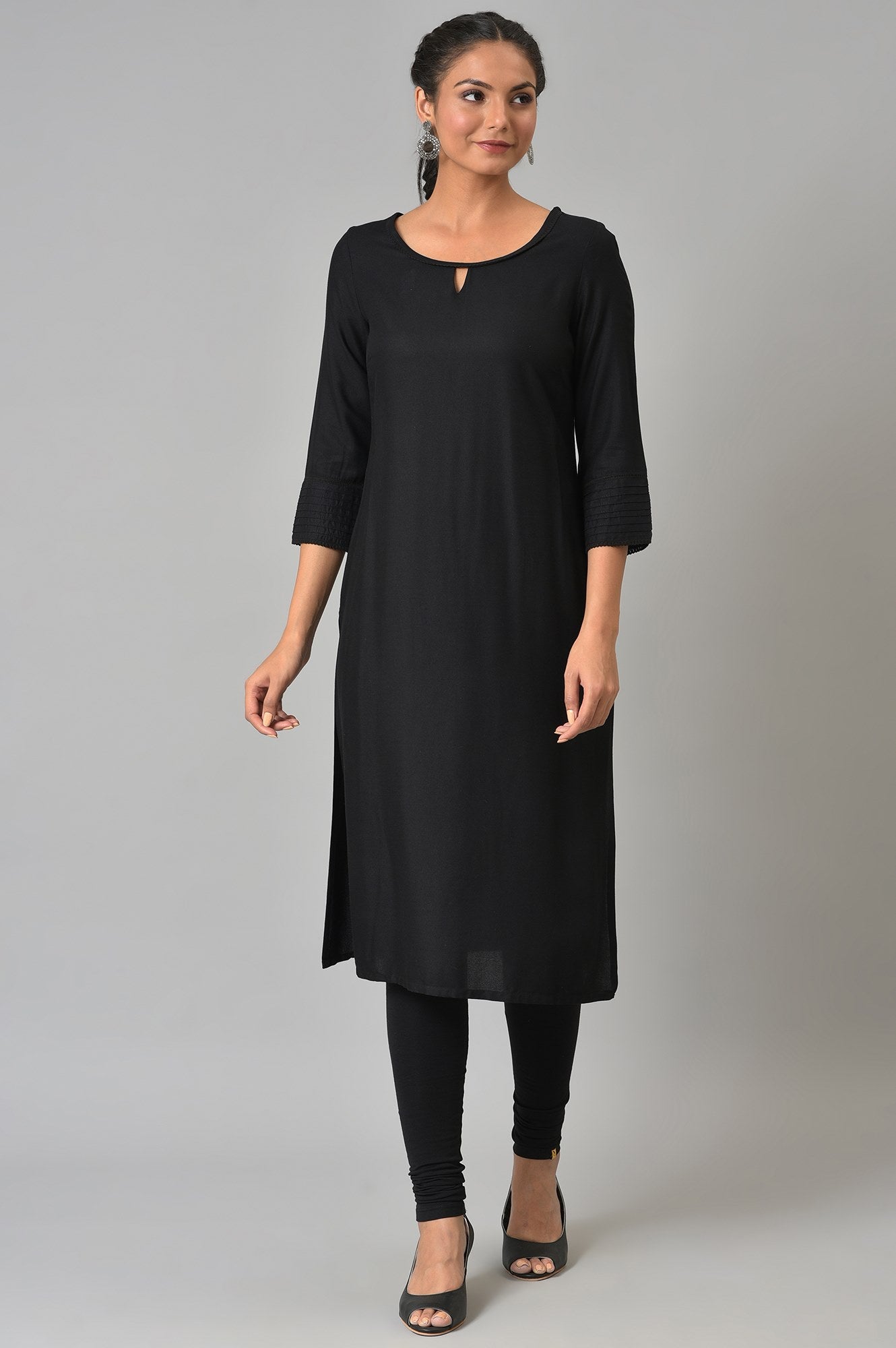 Black Rayon Kurta With Lace Detail