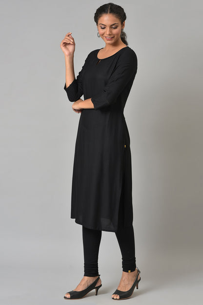 Black Rayon Kurta With Lace Detail