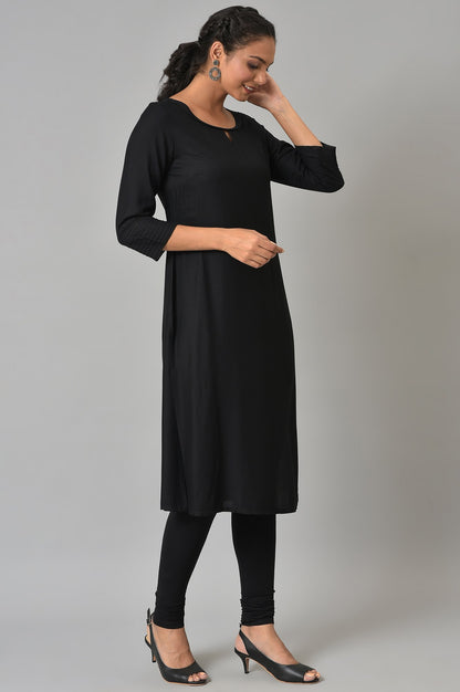 Black Rayon Kurta With Lace Detail