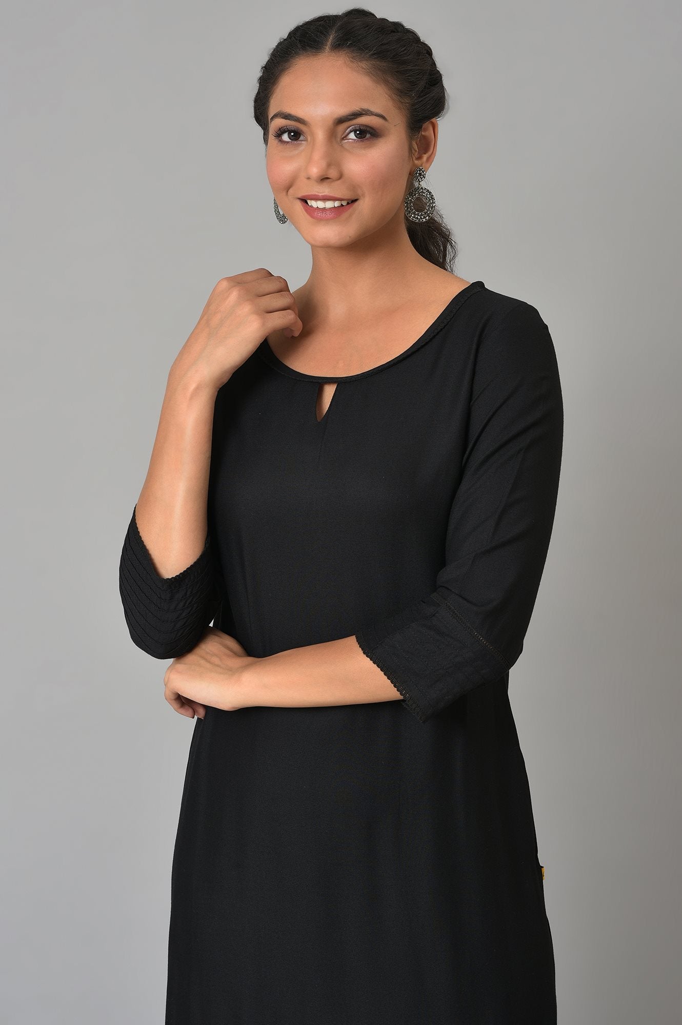 Black Rayon Kurta With Lace Detail