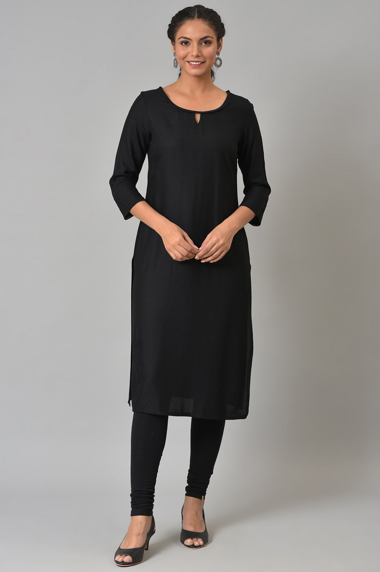 Black Rayon Kurta With Lace Detail