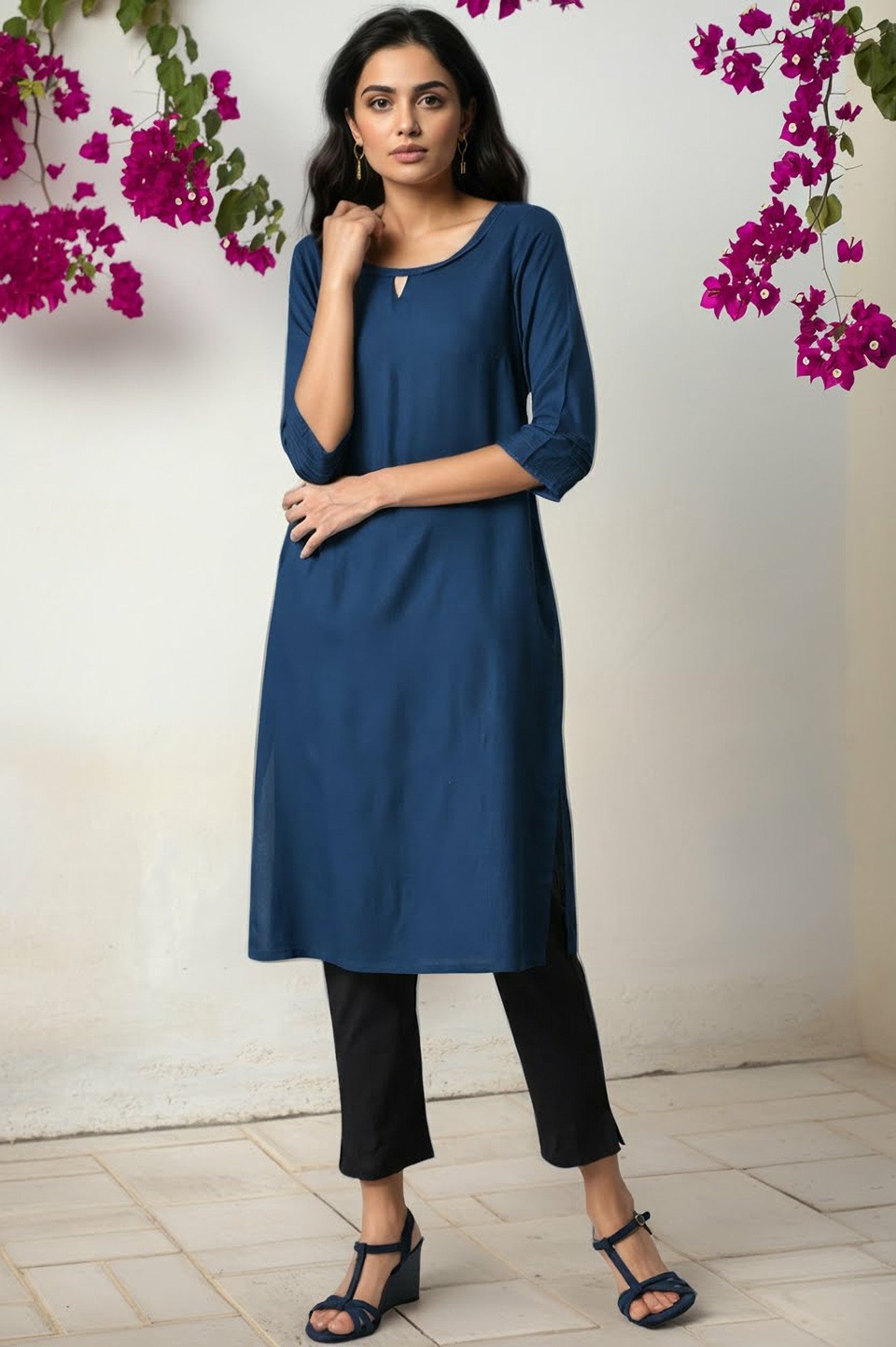 Blue Rayon kurta with Lace Detail