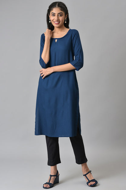 Blue Rayon Kurta With Lace Detail