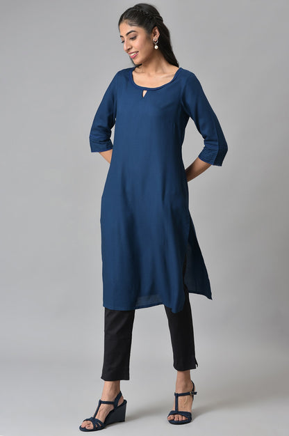 Blue Rayon Kurta With Lace Detail