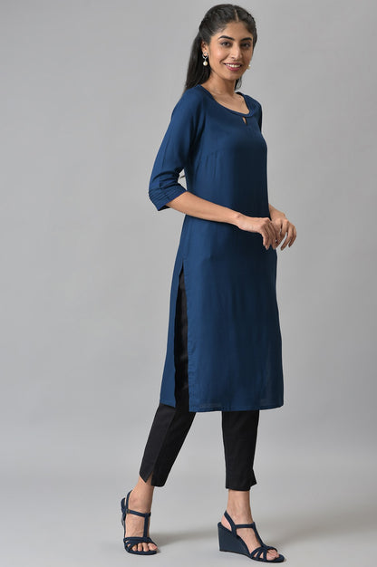 Blue Rayon Kurta With Lace Detail