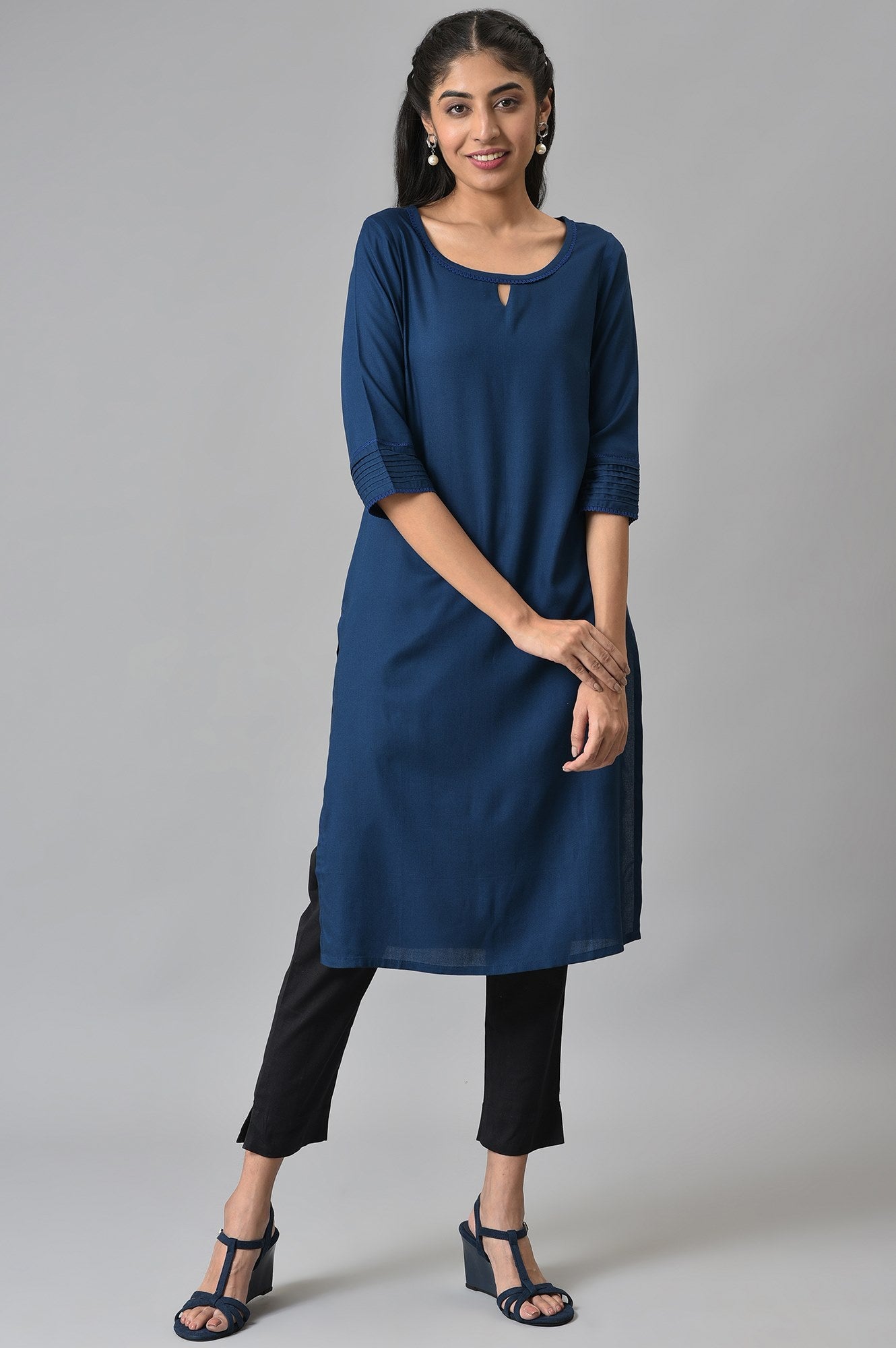 Blue Rayon Kurta With Lace Detail