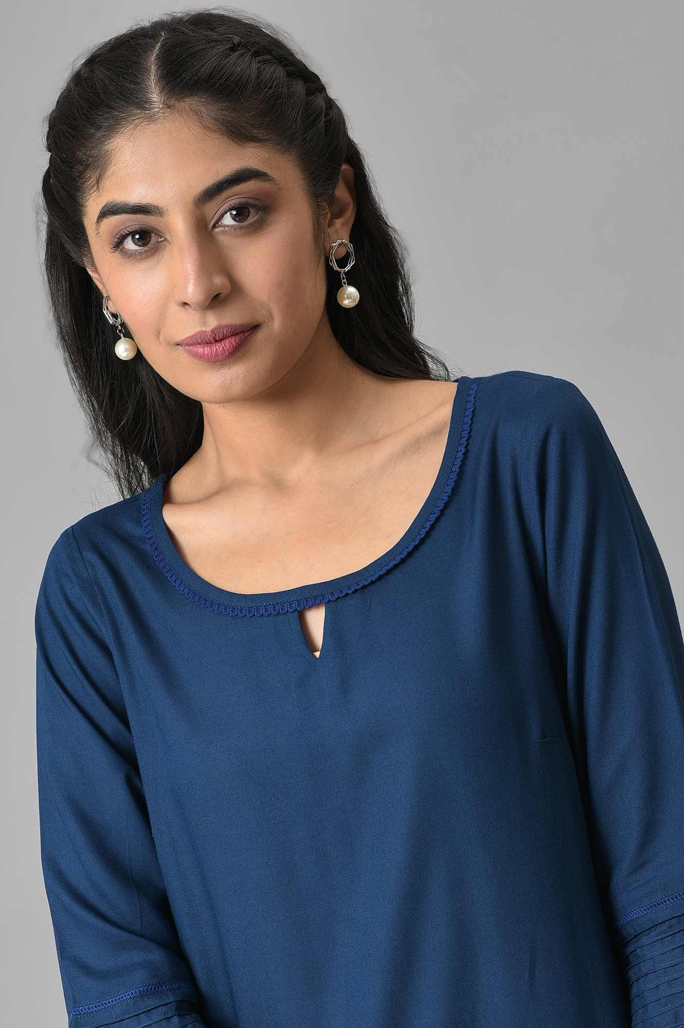 Blue Rayon Kurta With Lace Detail