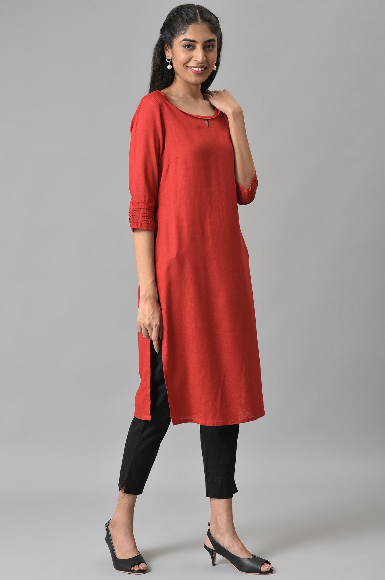 Red Rayon kurta with Lace Detail