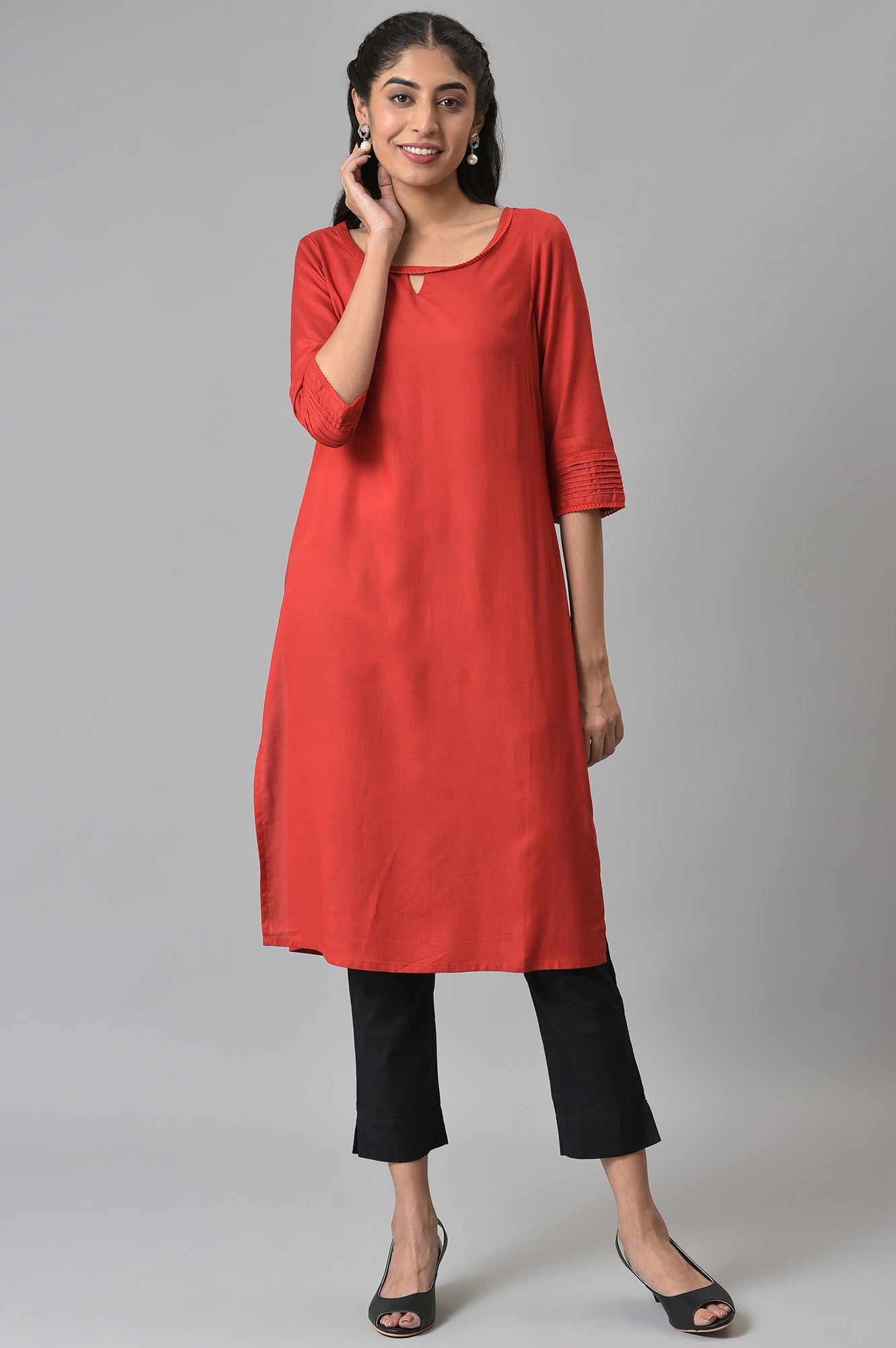 Red Rayon kurta with Lace Detail